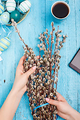 Image showing The top view of easter on wooden table office workplace