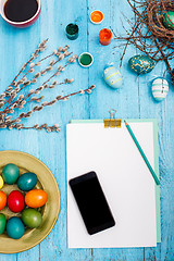 Image showing The top view of easter on wooden table office workplace