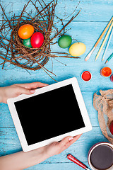 Image showing The top view of easter on wooden table office workplace