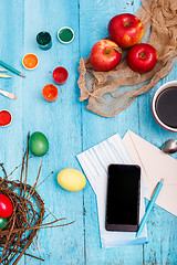 Image showing The top view of easter on wooden table office workplace