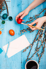 Image showing The top view of easter on wooden table office workplace