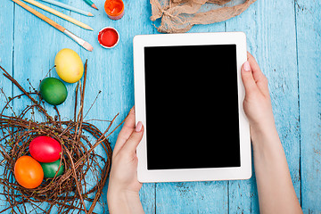 Image showing The top view of easter on wooden table office workplace