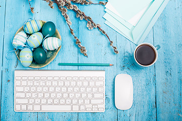 Image showing The top view of easter on wooden table office workplace