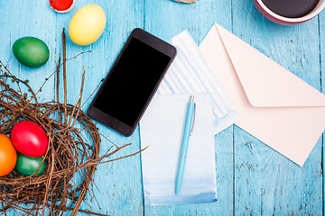 Image showing The top view of easter on wooden table office workplace