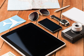 Image showing close up of smartphone and travel stuff