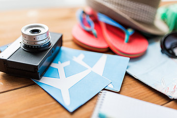 Image showing close up of camera, tickets and travel stuff