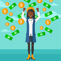 Image showing Happy woman with  flying money. 