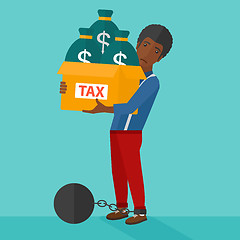 Image showing Chained man with bags full of taxes. 