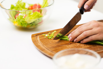 Image showing close up of woman chopping green onion with knife