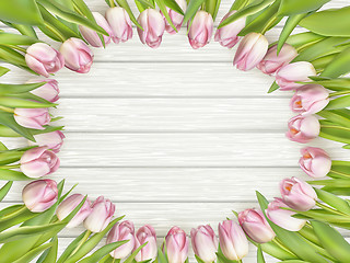 Image showing Color tulips on wooden background. EPS 10