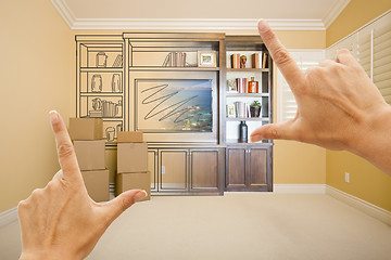 Image showing Hands Framing Drawing of Entertainment Unit Gradating Into Photo