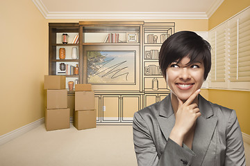 Image showing Mixed Race Female In Room With Drawing of Entertainment Unit