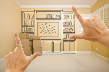 Image showing Hands Framing Drawing of Entertainment Unit In Empty Room