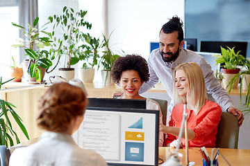 Image showing happy creative team with computer in office