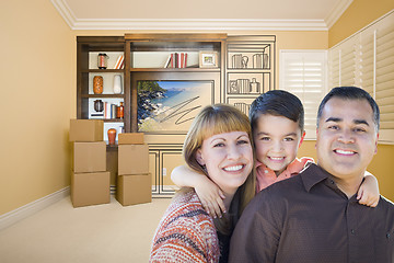 Image showing Mixed Race Family In Room With Drawing of Entertainment Unit