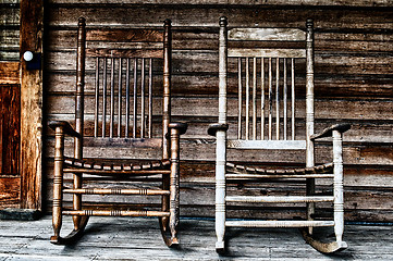 Image showing two old wooden rocking chairs