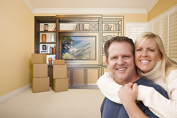 Image showing Young Couple In Room With Drawing of Entertainment Unit On Wall