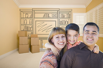 Image showing Mixed Race Family In Room With Drawing of Entertainment Unit