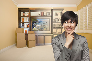 Image showing Mixed Race Female In Room With Drawing of Entertainment Unit