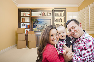 Image showing Young Family In Room With Drawing of Entertainment Unit On Wall