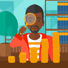 Image showing Man with magnifier and golden coins. 