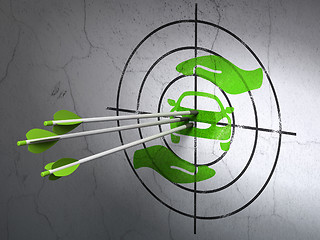 Image showing Insurance concept: arrows in Car And Palm target on wall background