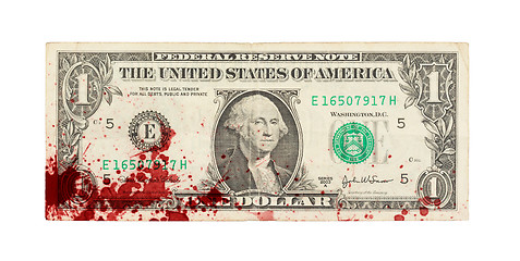 Image showing US one Dollar bill, close up, blood