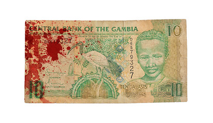 Image showing 10 Gambian dalasi bank note, bloody