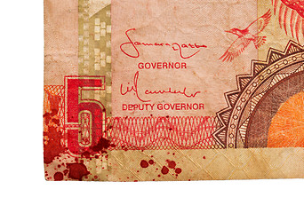 Image showing 5 Gambian dalasi bank note, bloody