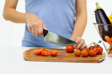 Image showing close up of woman chopping tomatoes with knife