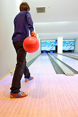 Image showing Young boy on bowling lane