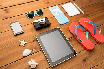 Image showing close up of tablet pc and travel stuff