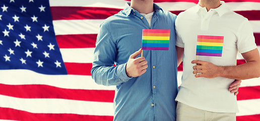 Image showing close up of male gay couple holding rainbow flags