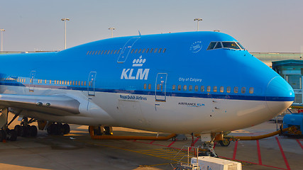 Image showing KLM plane being loaded at Schiphol Airport. Amsterdam, Netherlands