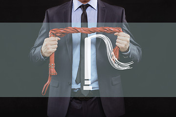 Image showing man in business suit with chained hands. handcuffs for sex games. concept of erotic entertainment.