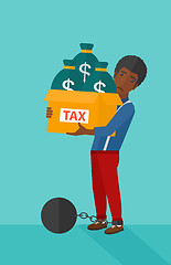 Image showing Chained man with bags full of taxes. 