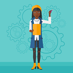 Image showing Woman standing on gears background.