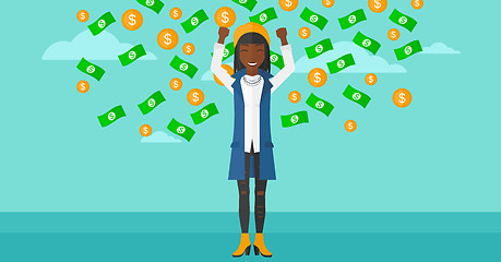 Image showing Happy woman with  flying money. 