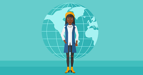 Image showing Business woman standing on globe background.