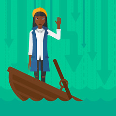 Image showing Business woman standing in sinking boat.