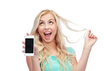 Image showing happy young woman or teenage girl with smartphone