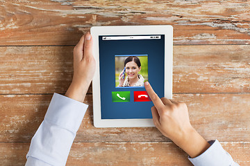 Image showing close up of hands with incoming call on tablet pc