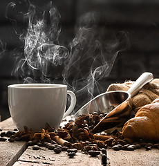Image showing Hot coffee and croissant