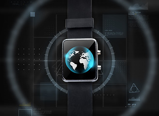 Image showing close up of black smart watch with world globe