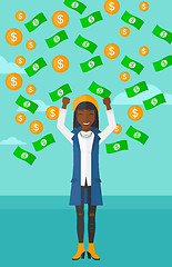 Image showing Happy woman with  flying money. 