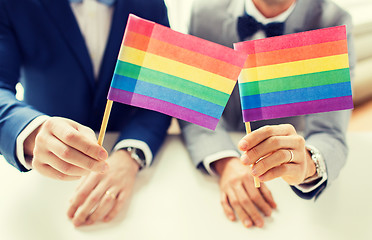 Image showing close up of male gay couple holding rainbow flags