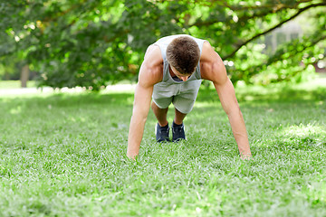 Image showing young man doing push ups on grass in summer park