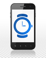 Image showing Timeline concept: Smartphone with Hand Watch on display