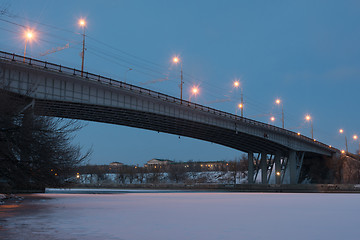 Image showing Volgograd, Russia - February 20, 2016: Night view of the bridge across the Volga-Don canal Lenin in Krasnoarmeysk district of Volgograd