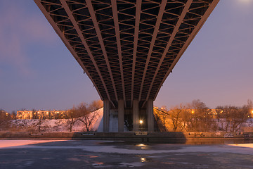 Image showing Volgograd, Russia - February 20, 2016: Night view of the bottom of the road bridge across the Volga-Don canal Lenin in Krasnoarmeysk district of Volgograd